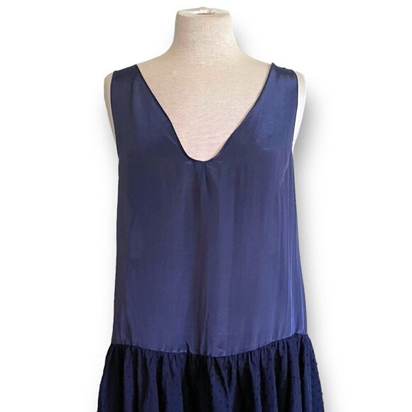 Elizabeth and James Womens Slip Dress Sz Medium Navy Blue Silk Swiss Dot V-neck - Picture 3 of 6